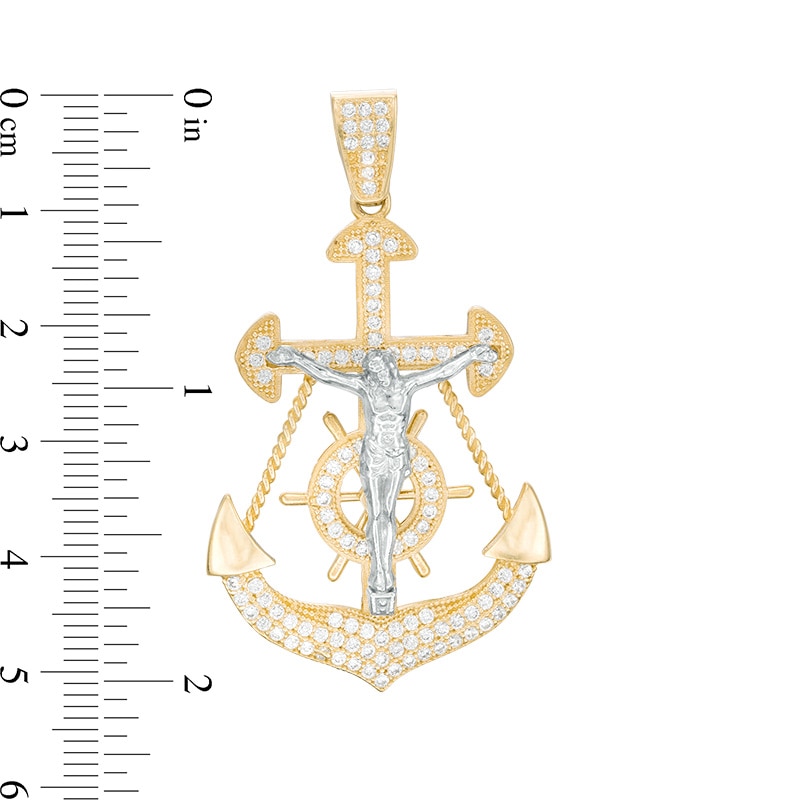 Cubic Zirconia Crucifix Anchor Necklace Charm in 10K Two-Tone Gold