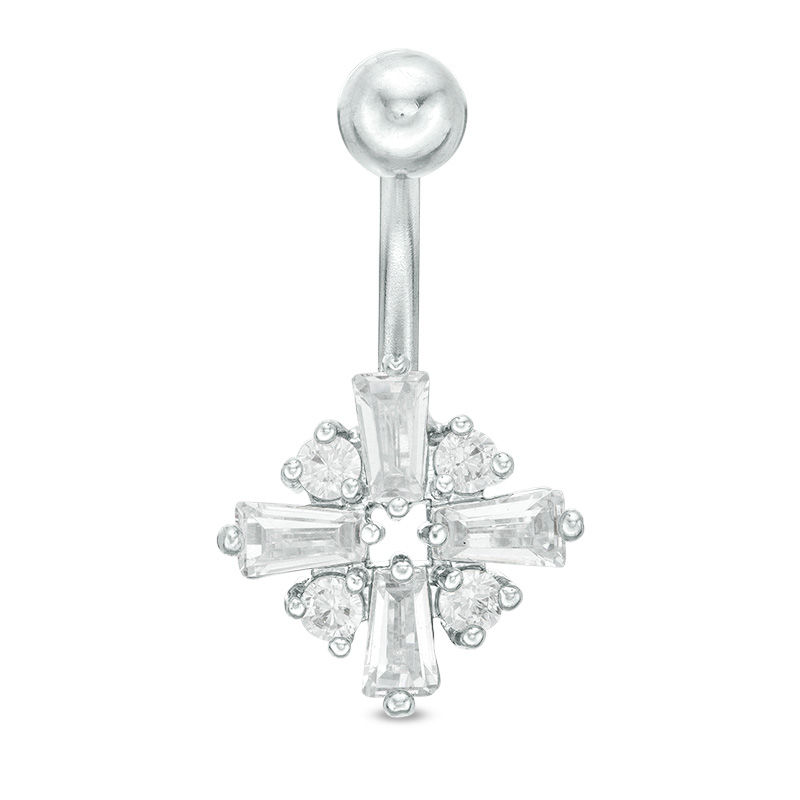 014 gauge Baguette and Round Cubic Zirconia Geometric Cross Belly Button Ring in Stainless Steel
