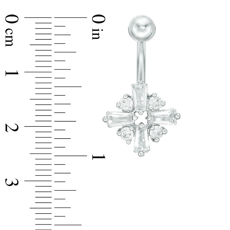 014 gauge Baguette and Round Cubic Zirconia Geometric Cross Belly Button Ring in Stainless Steel