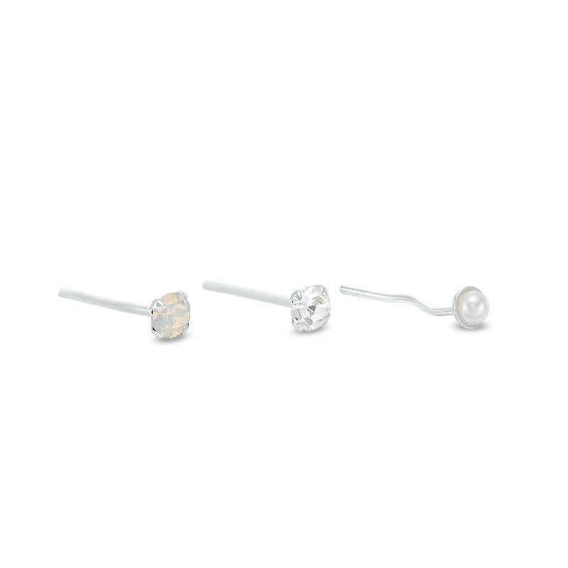 020 gauge Cubic Zirconia Solitaire and Pearl Nose Stud Set in Sterling Silver