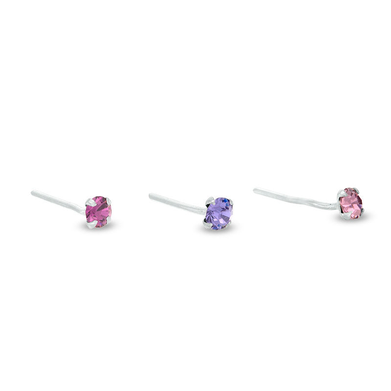 020 gauge Purple and Pink Cubic Zirconia Solitaire Nose Stud Set in Sterling Silver