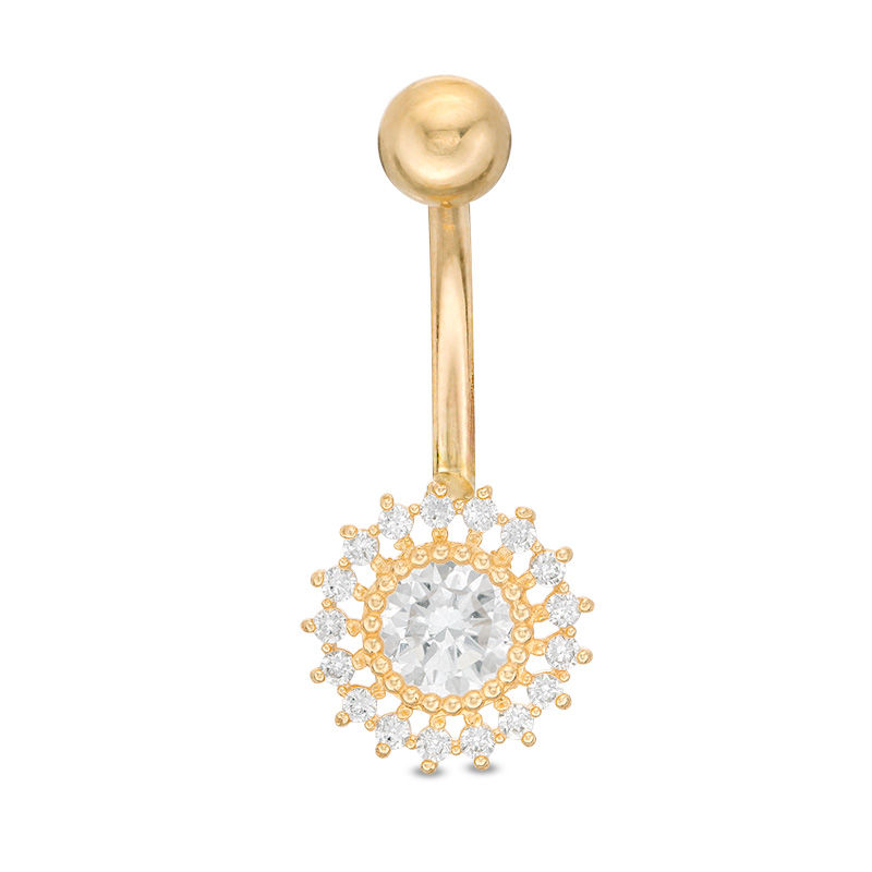 10K Solid Gold CZ Frame Sun Belly Button Ring - 14G 3/8"