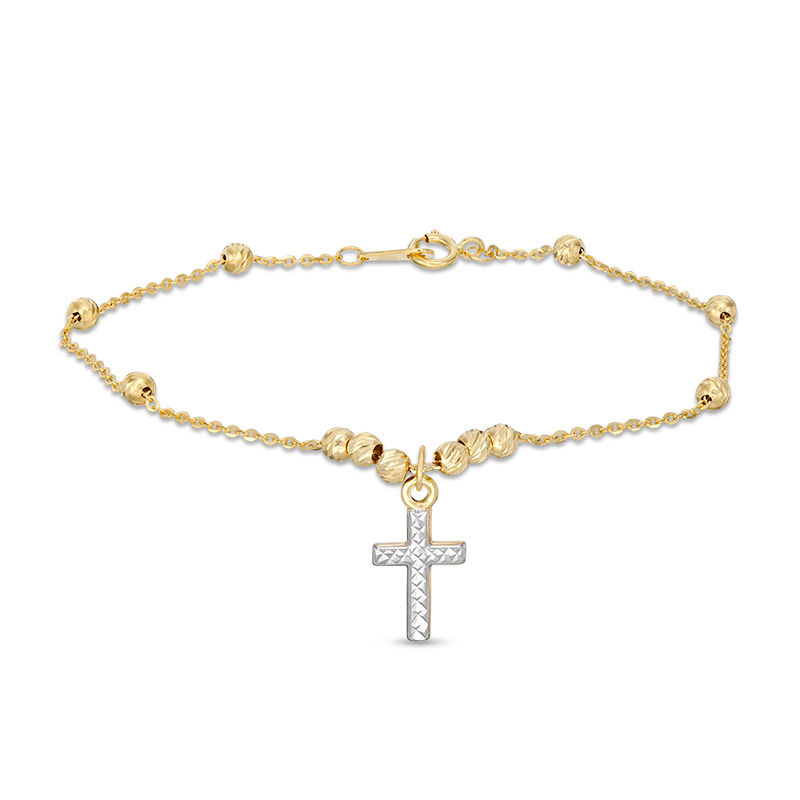 030 Gauge Bead Station with Cross Charm Bracelet in 10K Two-Tone Gold - 7.5"