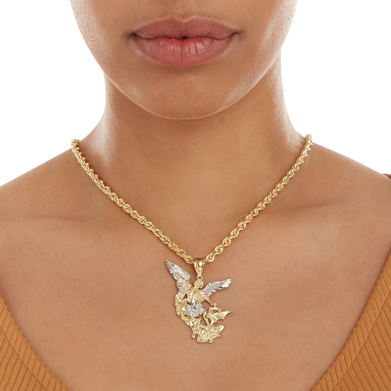 Diamond-Cut Saint Michael Necklace Charm in 10K Solid Two-Tone Gold
