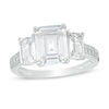Thumbnail Image 0 of Emerald-Cut Cubic Zirconia Three Stone Vintage-Style Engagement Ring in Sterling Silver - Size 7
