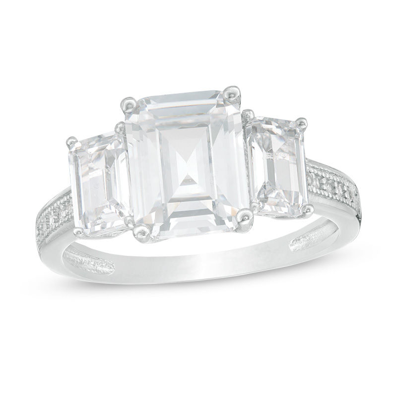 Emerald-Cut Cubic Zirconia Three Stone Vintage-Style Engagement Ring in Sterling Silver - Size 7