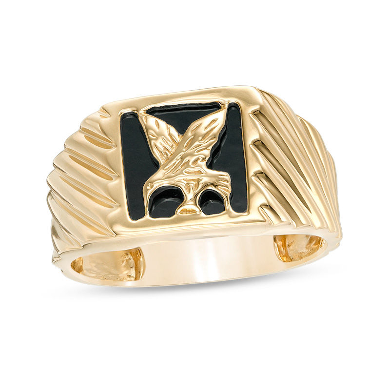 10mm Square Onyx Flying Eagle Twist Signet Ring in 10K Gold - Size 10