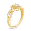 Thumbnail Image 1 of 1/3 CT. T.W. Baguette and Round Trio Diamond Heart Frame Crossover Split Shank Ring in 10K Gold