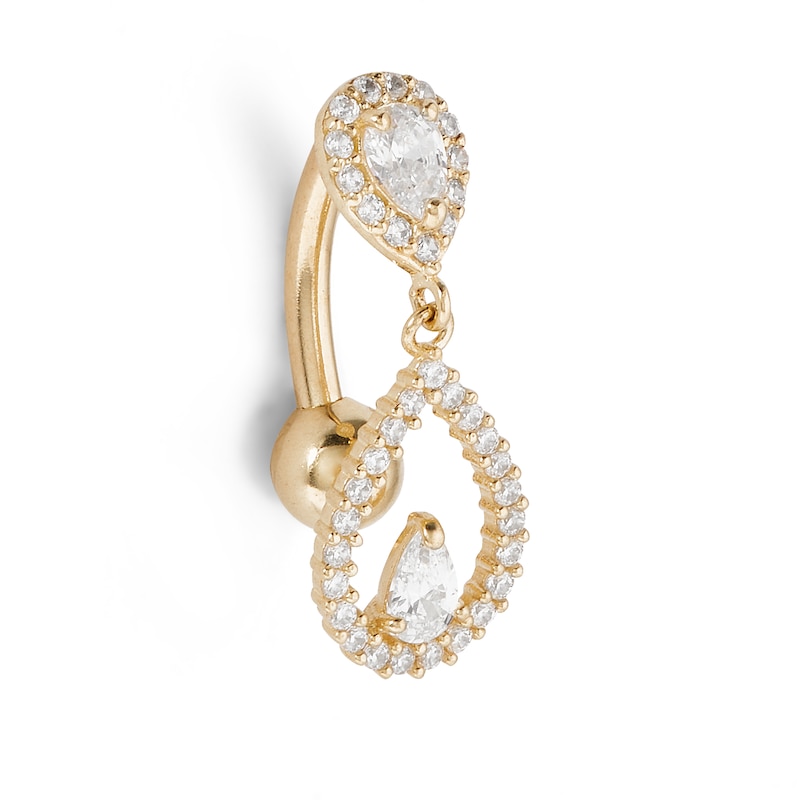 10K Solid Gold CZ Pear-Shaped and Round Teardrop Frame Dangle Top Down Belly Button Ring - 14G