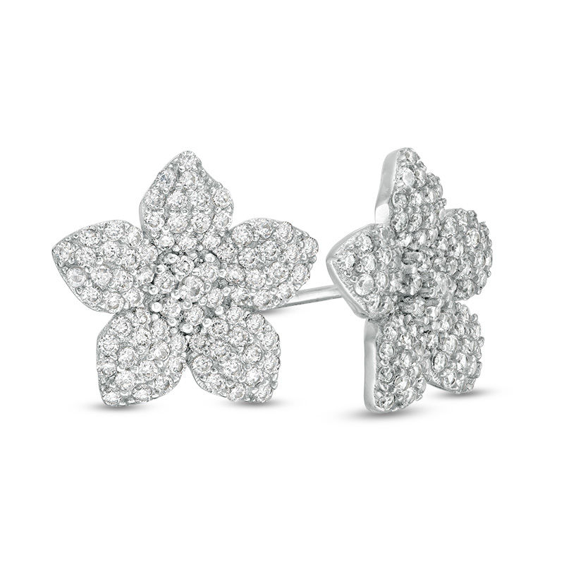 Cubic Zirconia Pavé Composite Flower Stud Earrings in Sterling Silver