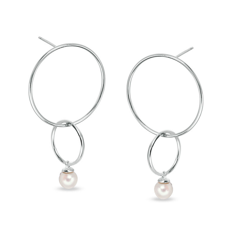 5mm Simulated Pearl Double Interlocking Open Circle Drop Earrings in Sterling Silver