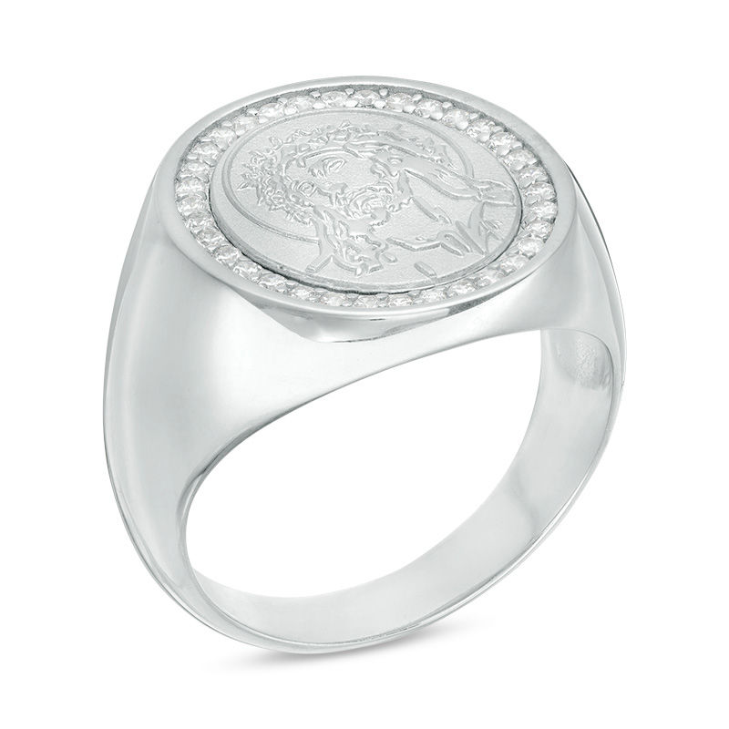 Cubic Zirconia Frame Jesus Head Signet Ring in Sterling Silver - Size ...