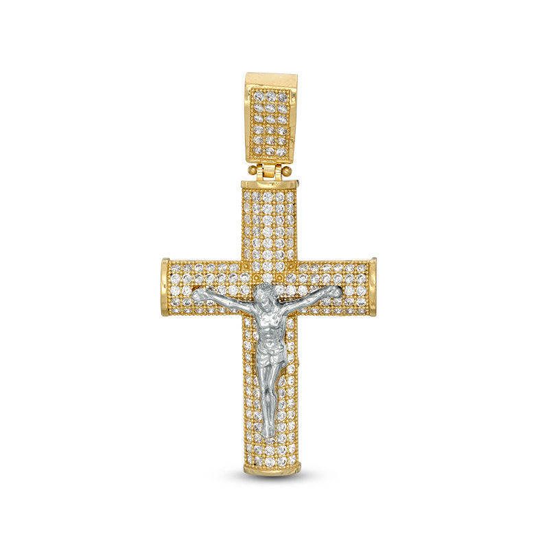 Cubic Zirconia Pavé Rounded Crucifix Necklace Charm in 10K Two-Tone Gold
