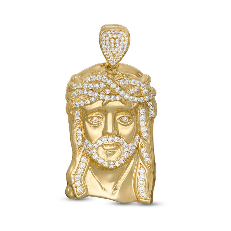 Cubic Zirconia Jesus Head Necklace Charm in 10K Gold