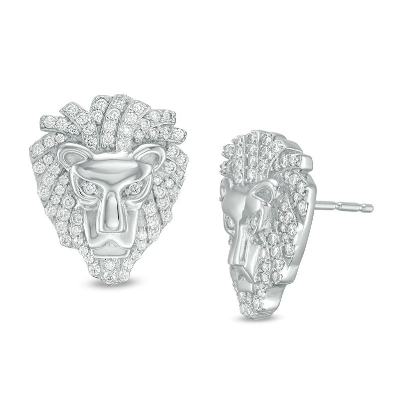 Cubic Zirconia Lion Head Stud Earrings in Sterling Silver