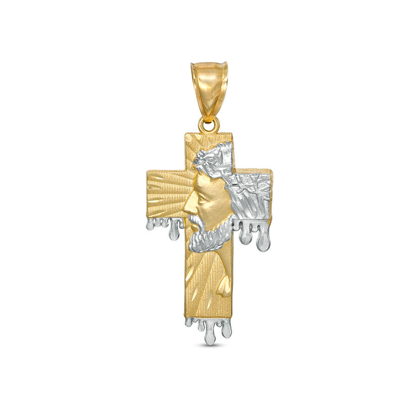Multi-Finish Jesus Head Profile on Dripping Cross Necklace Charm in 10K Two-Tone Gold