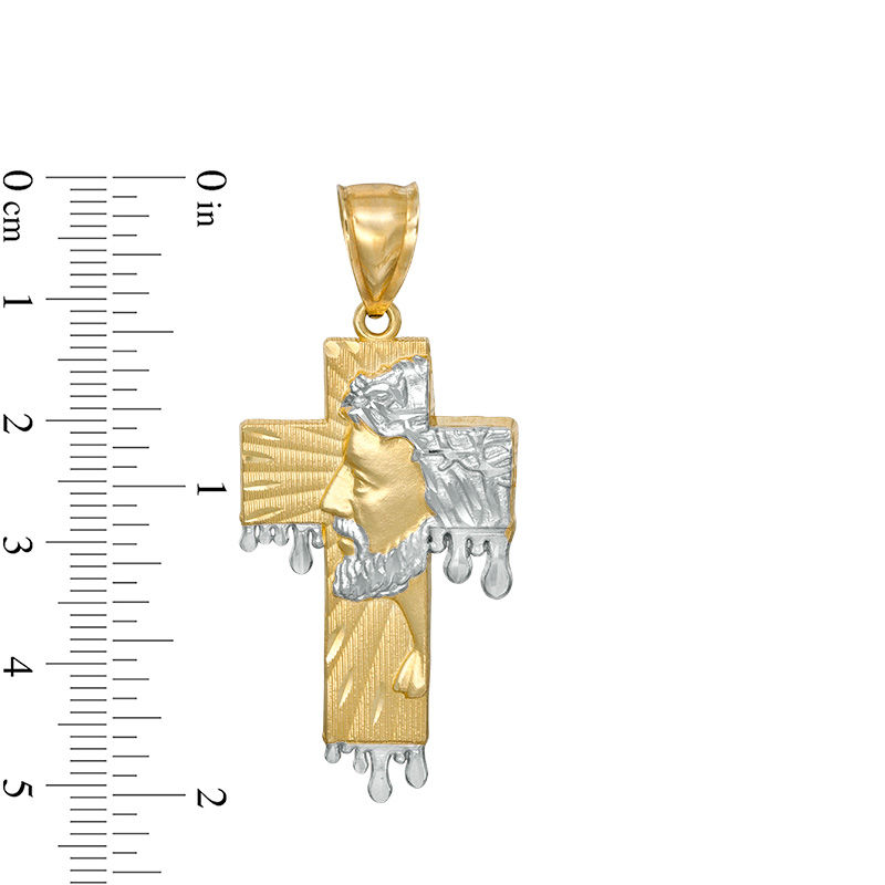 Multi-Finish Jesus Head Profile on Dripping Cross Necklace Charm in 10K Two-Tone Gold
