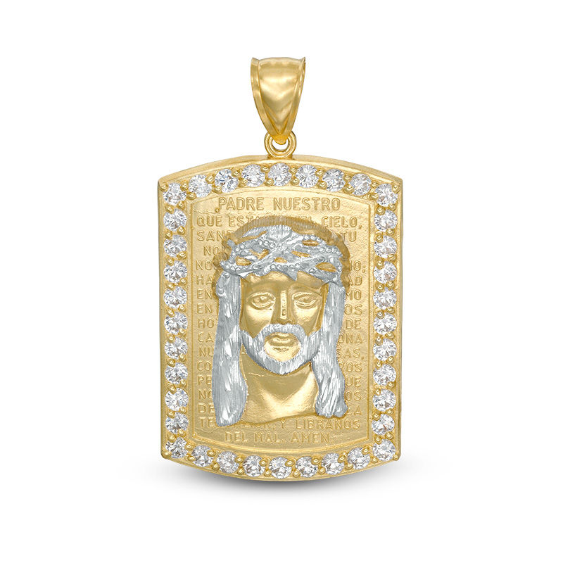 Cubic Zirconia Frame Jesus Head on "Padre Nuestro" Prayer Dog Tag Necklace Charm in 10K Two-Tone Gold