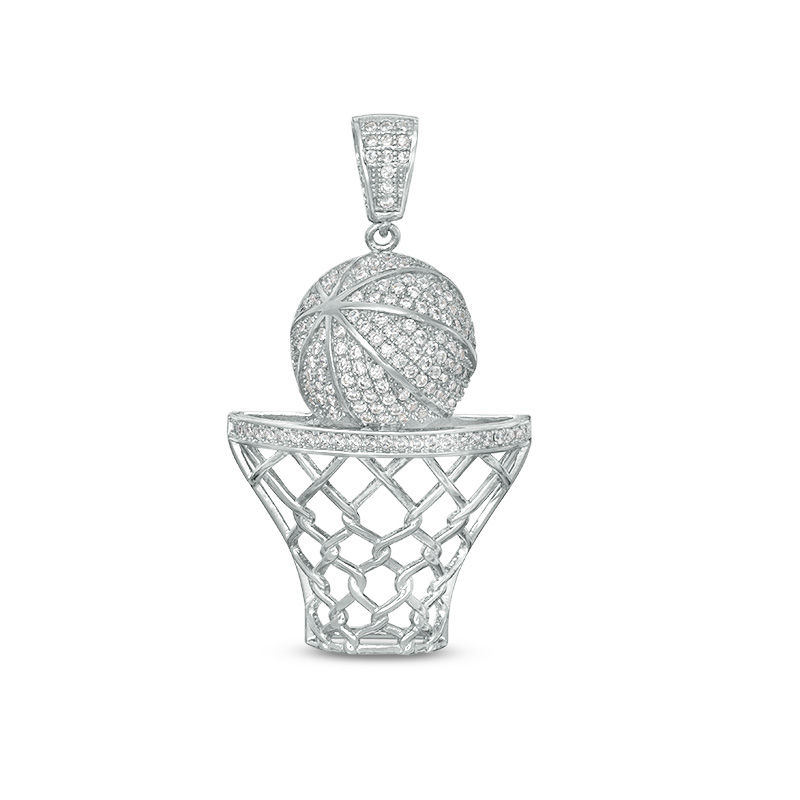 Cubic Zirconia Basketball in Hoop Necklace Charm in Solid Sterling Silver