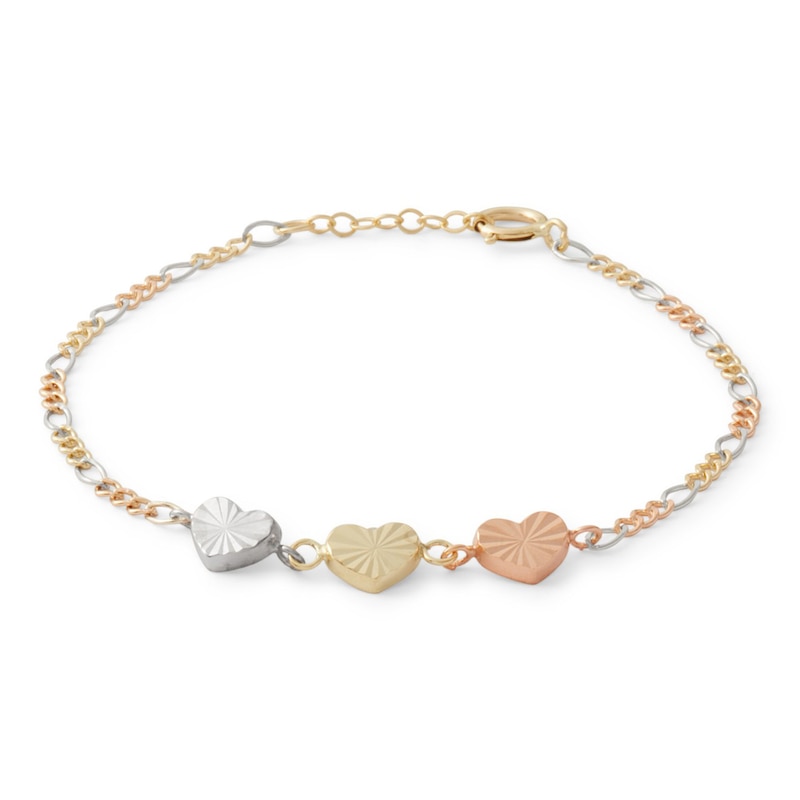 Child's Diamond-Cut Triple Heart Bracelet in 10K Solid Tri-Tone Gold - 6"