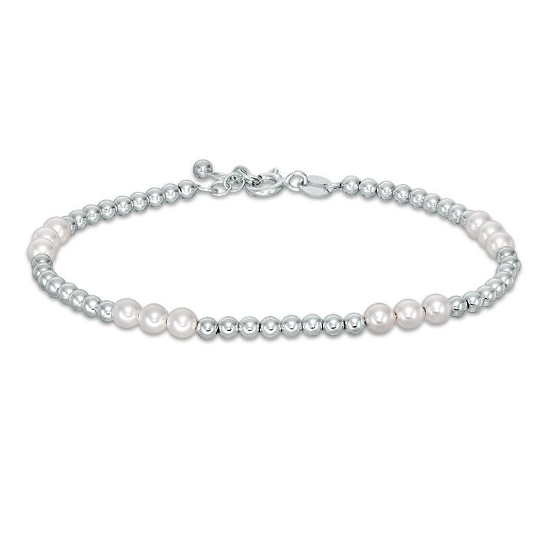 Child's 4mm Simulated Pearl Three Stone Station and Bead Strand Bracelet in Sterling Silver - 6"