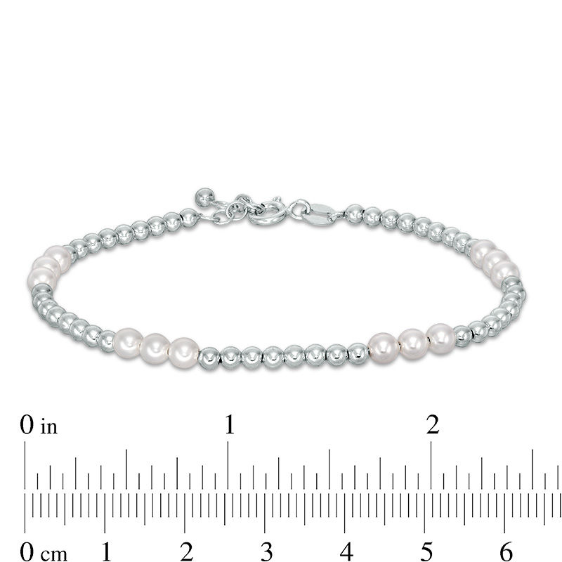 Child's 4mm Simulated Pearl Three Stone Station and Bead Strand Bracelet in Sterling Silver - 6"