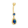 Thumbnail Image 0 of 014 Gauge Pear-Shaped and Round Blue and White Cubic Zirconia Framed Dangle Belly Button Ring in 10K Gold