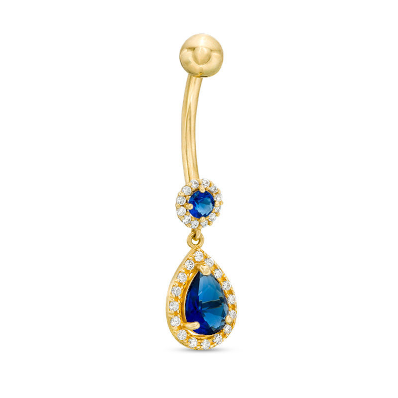 014 Gauge Pear-Shaped and Round Blue and White Cubic Zirconia Framed Dangle Belly Button Ring in 10K Gold