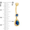 Thumbnail Image 1 of 014 Gauge Pear-Shaped and Round Blue and White Cubic Zirconia Framed Dangle Belly Button Ring in 10K Gold