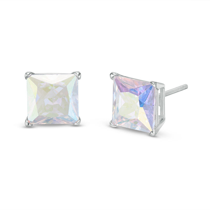 8mm Princess-Cut Iridescent Cubic Zirconia Solitaire Stud Earrings in Sterling Silver
