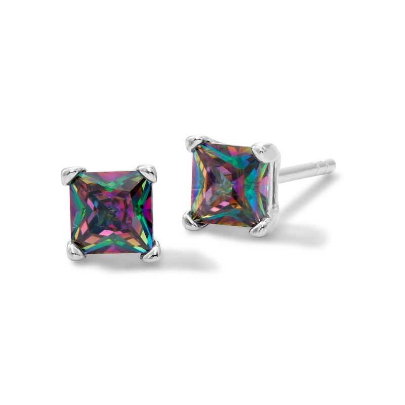 4mm Princess-Cut Rainbow Green Solitaire Stud Earrings in Solid Sterling Silver