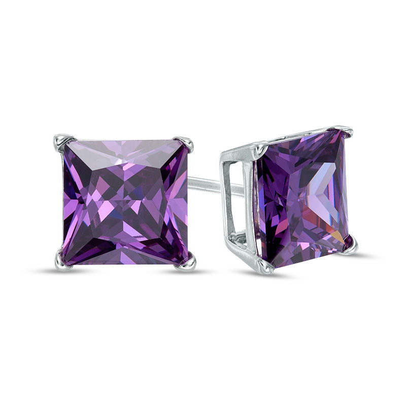 8mm Princess-Cut Purple Cubic Zirconia Solitaire Stud Earrings in Sterling Silver