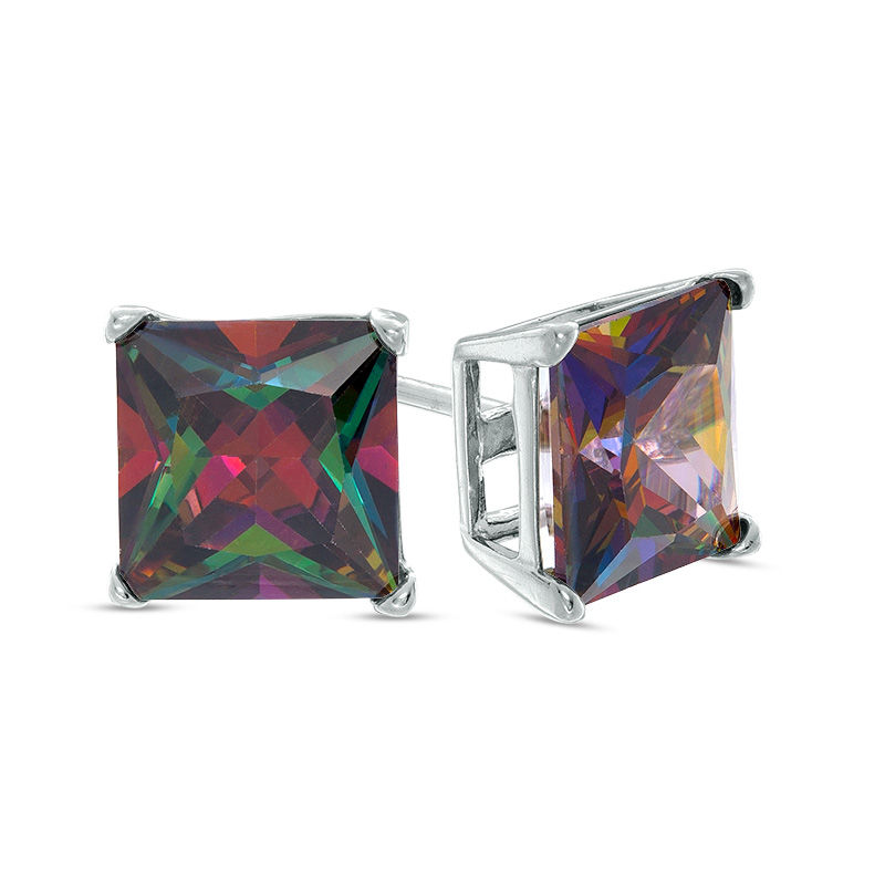 8mm Princess-Cut Rainbow Green Cubic Zirconia Solitaire Stud Earrings in Sterling Silver
