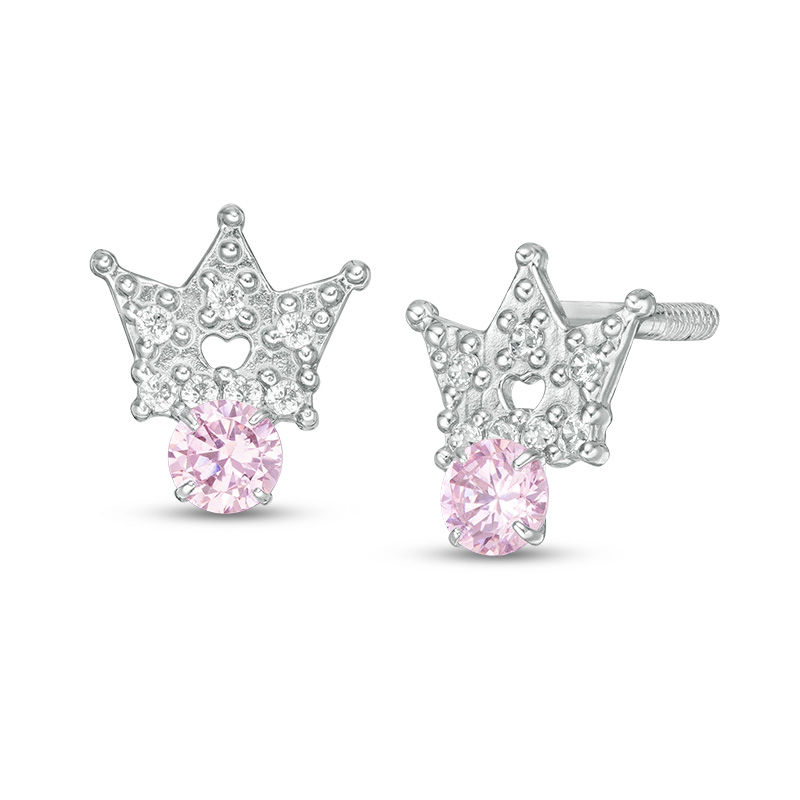 Child's 3mm Pink and White Cubic Zirconia Bead Crown with Heart Cut-Out Stud Earrings in Sterling Silver