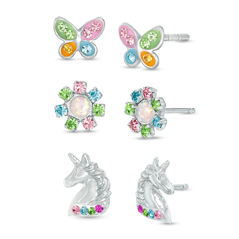 Child's Multi-Color Crystal and Enamel Spring-Theme Stud Earrings Set in Solid Sterling Silver