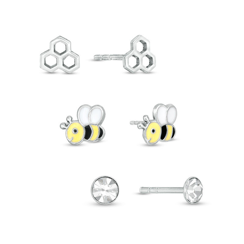 Child's Honey Bee, Honeycomb and Crystal Solitaire Stud Earrings Set in Sterling Silver