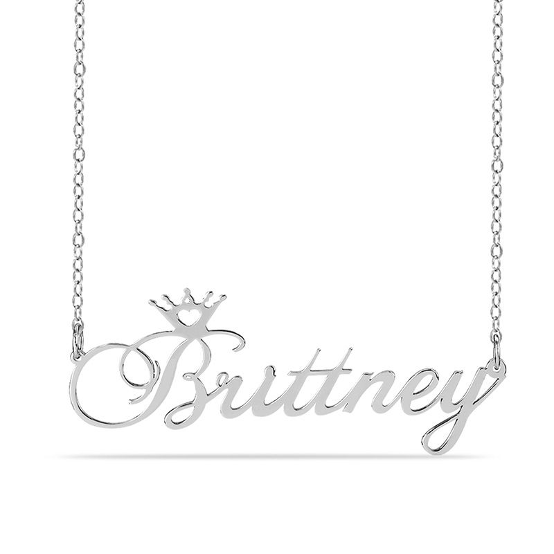 Script Name with Heart Cut-Out Crown Necklace in Sterling Silver (1 Line)