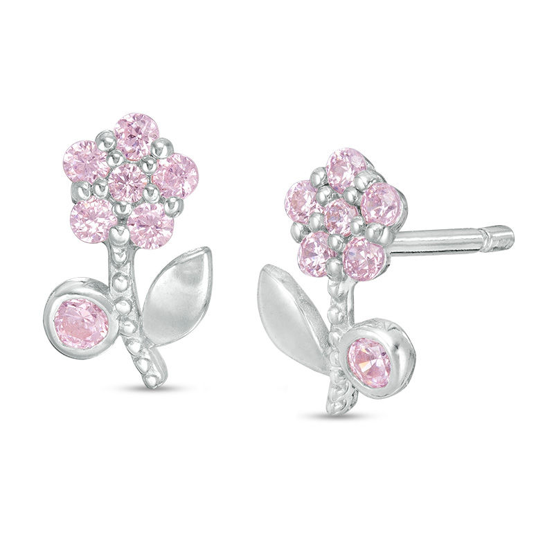 Child's Pink Cubic Zirconia Beaded Flower Stud Earrings in Sterling Silver