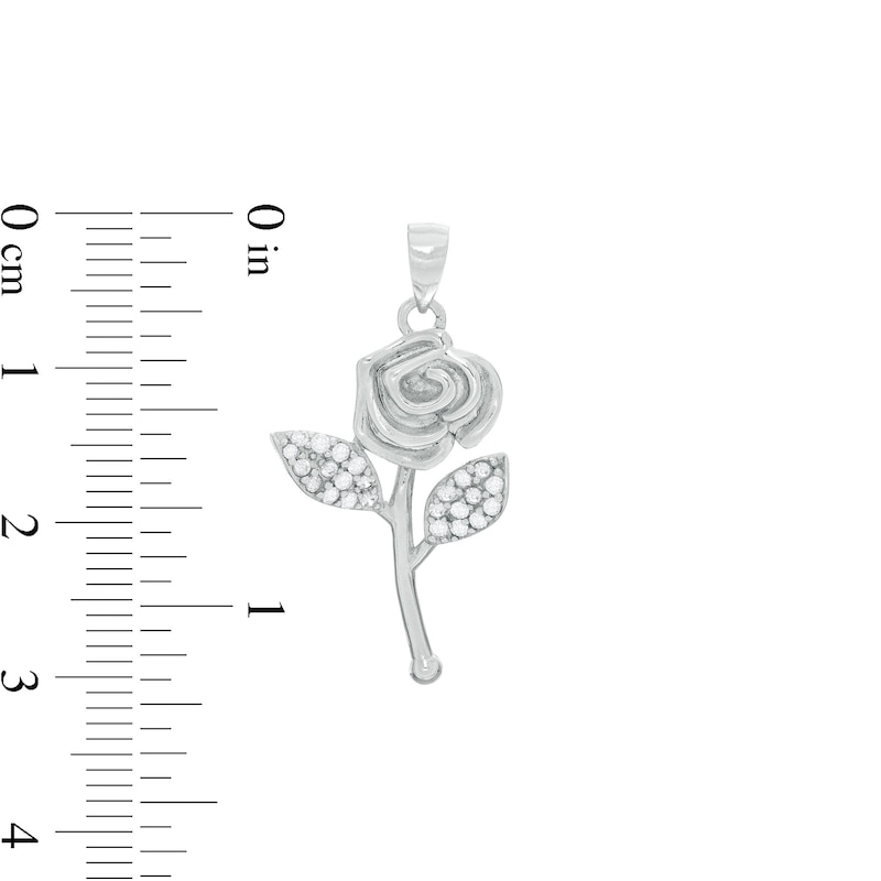 Cubic Zirconia Long Stem Rose Necklace Charm in Solid Sterling Silver