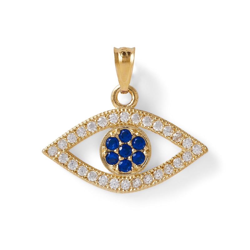 Blue and White Cubic Zirconia Evil Eye Necklace Charm in 10K Solid Gold