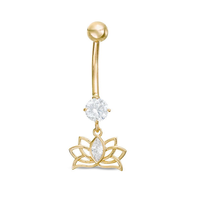 014 Gauge Marquise and Round Cubic Zirconia Lotus Flower Dangle Belly Button Ring in 10K Gold