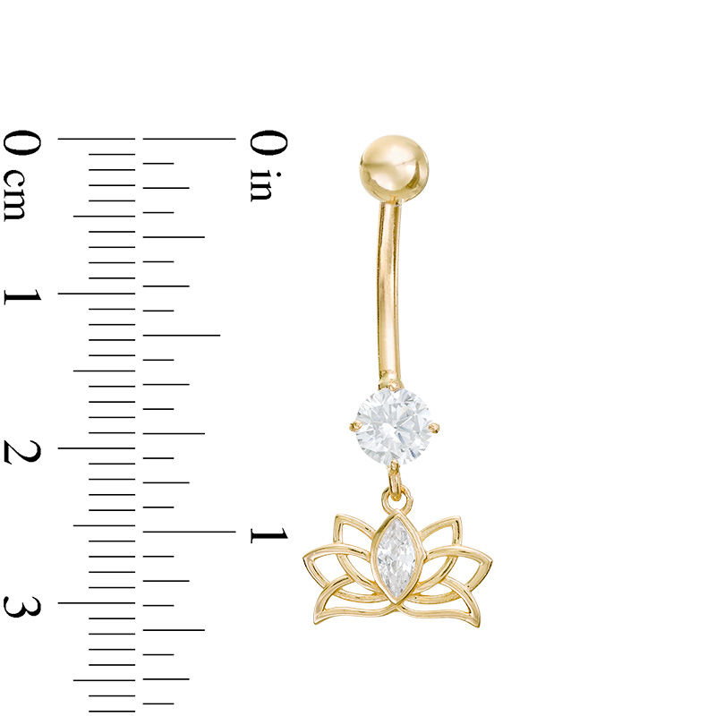 014 Gauge Marquise and Round Cubic Zirconia Lotus Flower Dangle Belly Button Ring in 10K Gold