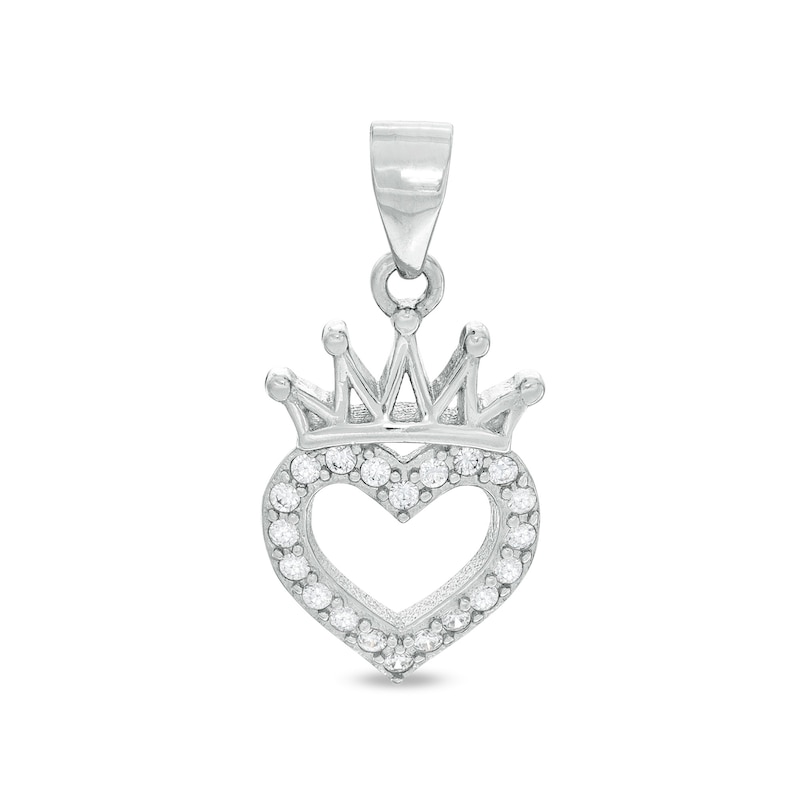 Cubic Zirconia Heart Outline with Crown Necklace Charm in Solid Sterling Silver