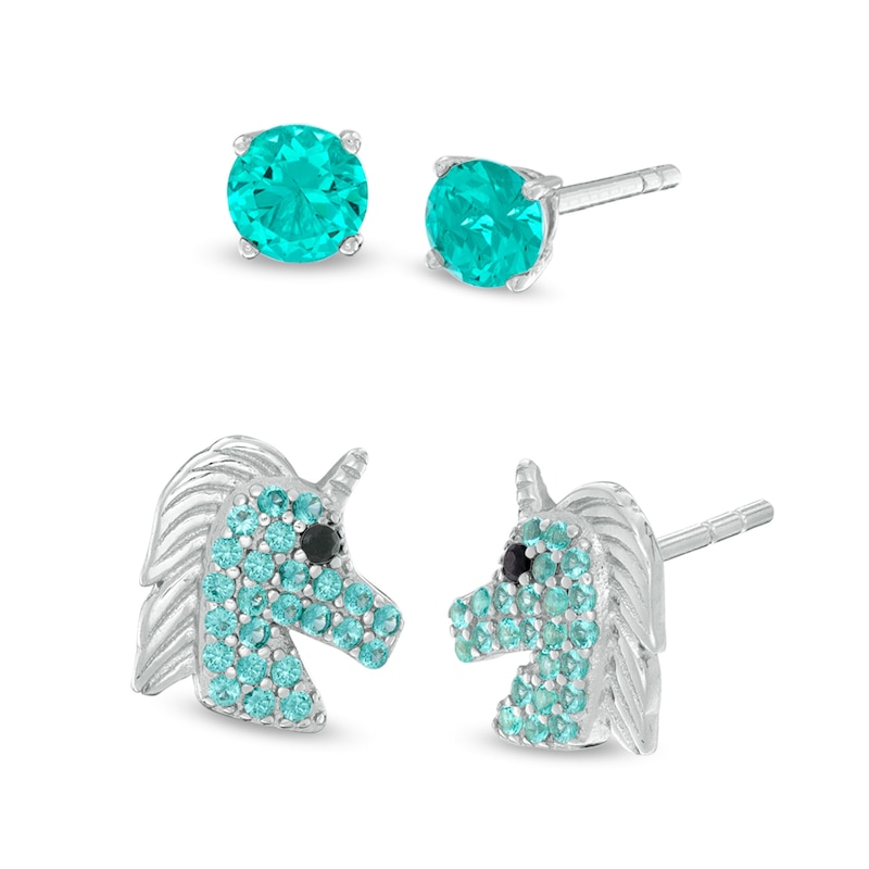 Teal and Black Cubic Zirconia Solitaire and Unicorn Stud Earrings Set in Sterling Silver