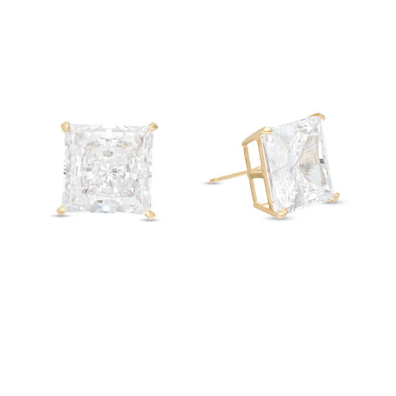 11mm Square Cubic Zirconia Solitaire Stud Earrings in 10K Gold