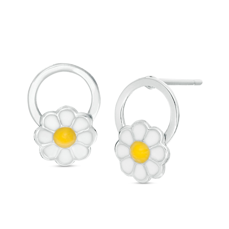 Child's White and Yellow Enamel Flower Open Circle Stud Earrings in Sterling Silver