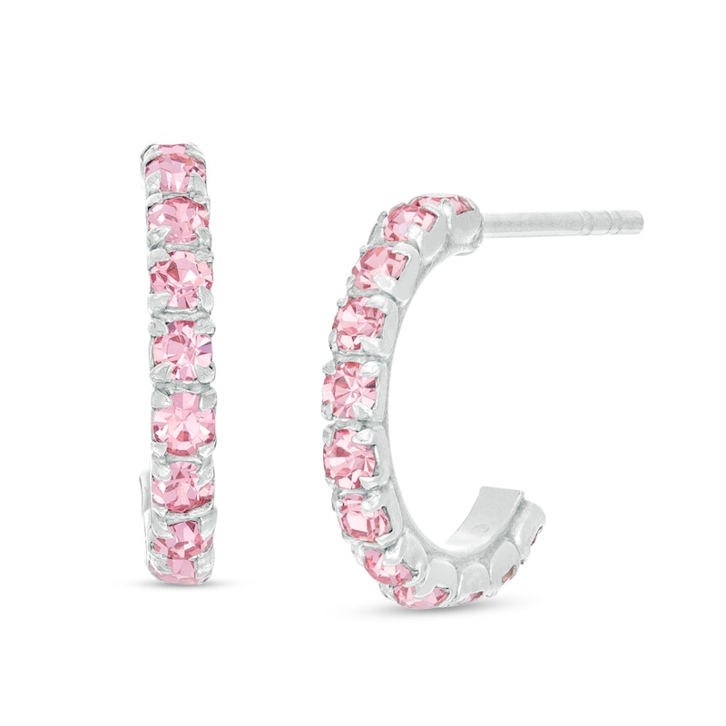 Child's Pink Crystal J-Hoop Earrings in Sterling Silver