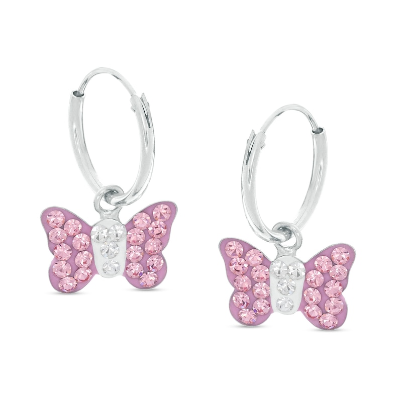Child's Pink and White Crystal and Enamel Butterfly Dangle Hoop Earrings in Sterling Silver