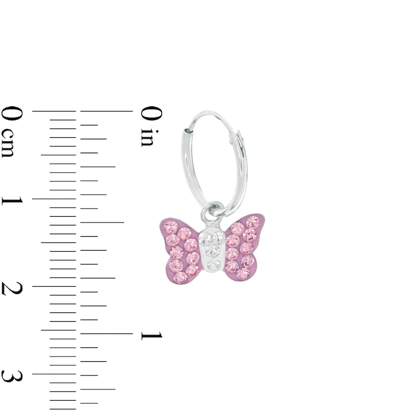 Child's Pink and White Crystal and Enamel Butterfly Dangle Hoop Earrings in Sterling Silver