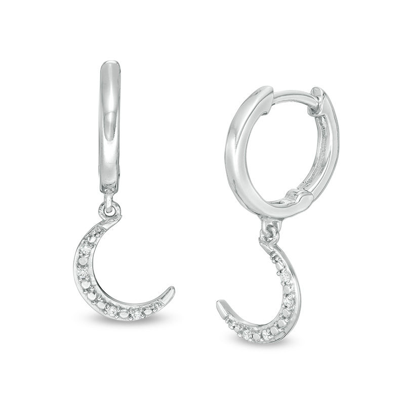 Diamond Accent Beaded Crescent Moon Dangle Huggie Hoop Earrings in Sterling Silver